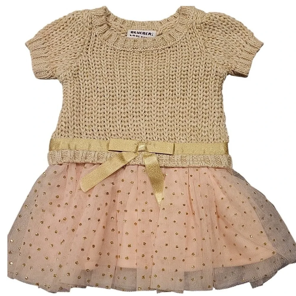 Blueberry Boulevard‎ Pink/Gold Dress 3-6mo Gold Sparkles Knit Top Tulle NWT $54